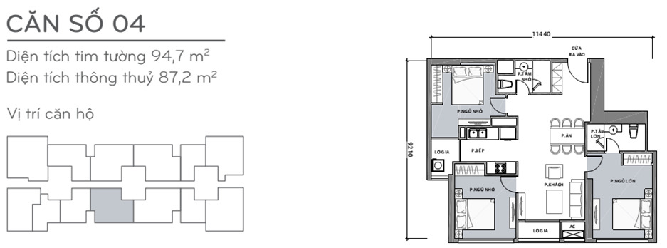 Layout căn hộ L3-04 tầng 2-22