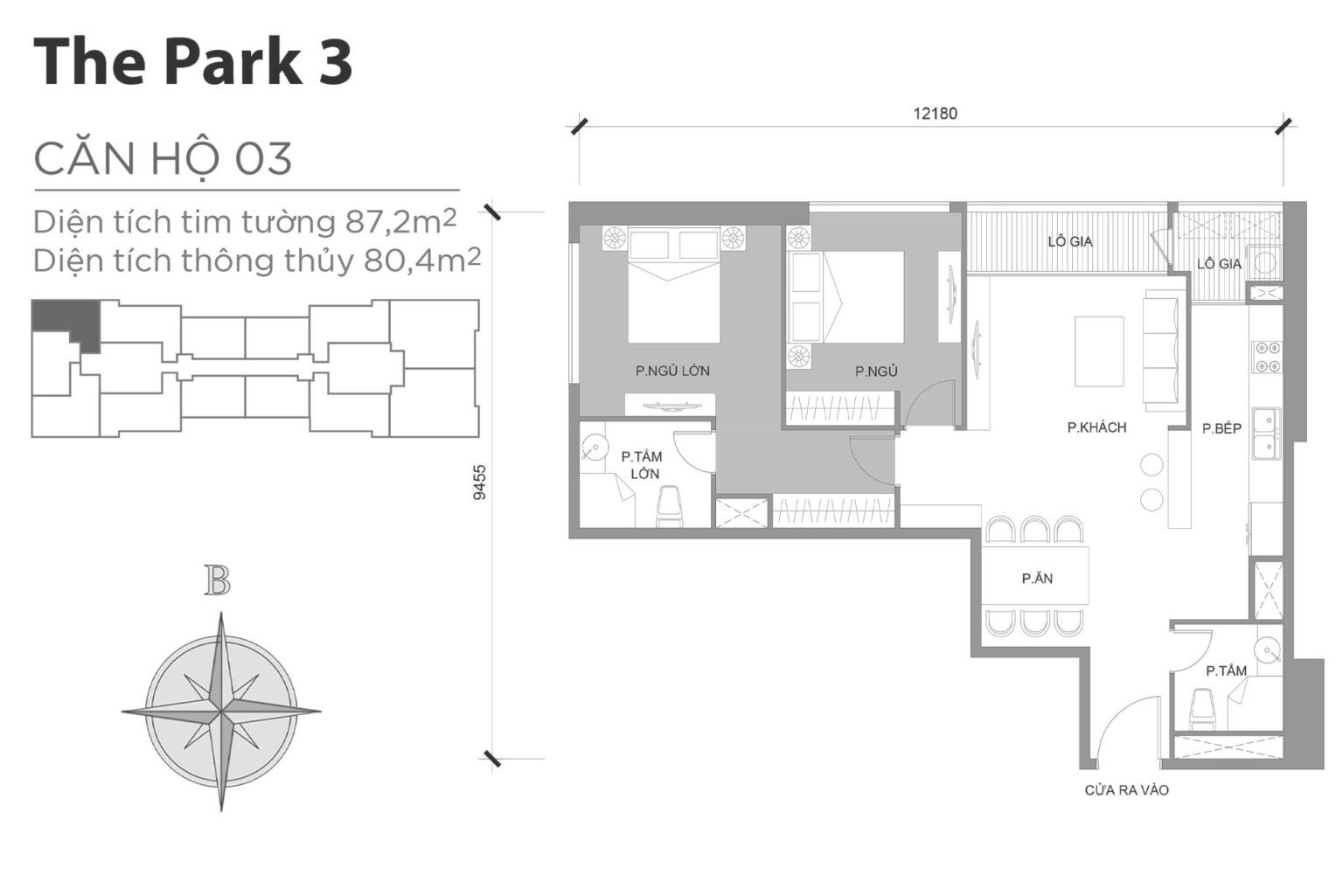 Layout căn hộ P3-03 tầng 2-22 & 24-43
