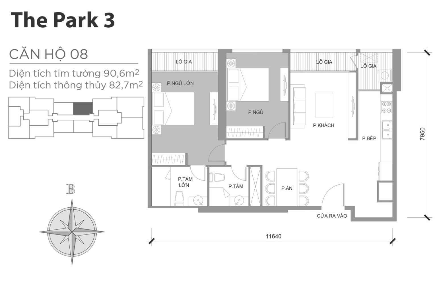 Layout căn hộ P3-08 tầng 2-22 & 24-43