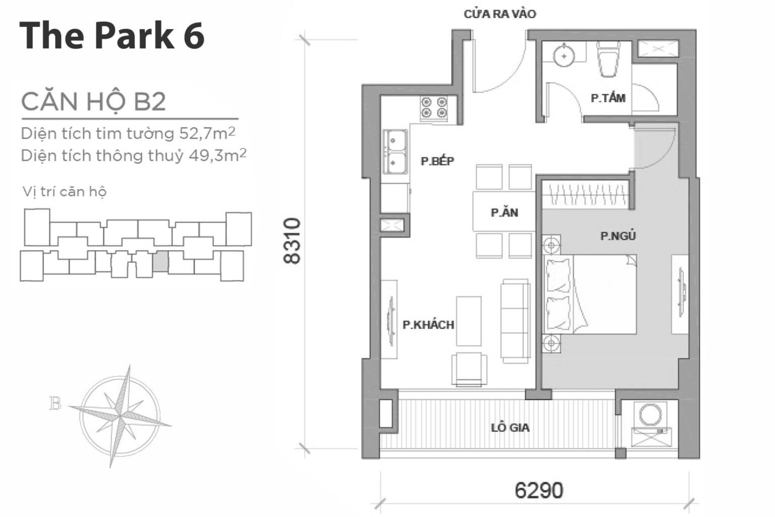Layout căn hộ P6-B2 tầng 2-22 & 24-50