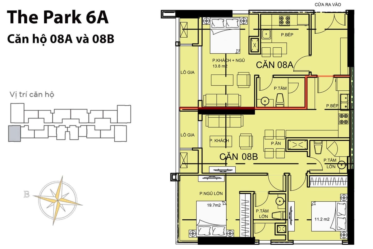 Layout căn hộ P6-A08A và P6-A08B tầng 2-22 & 24-50