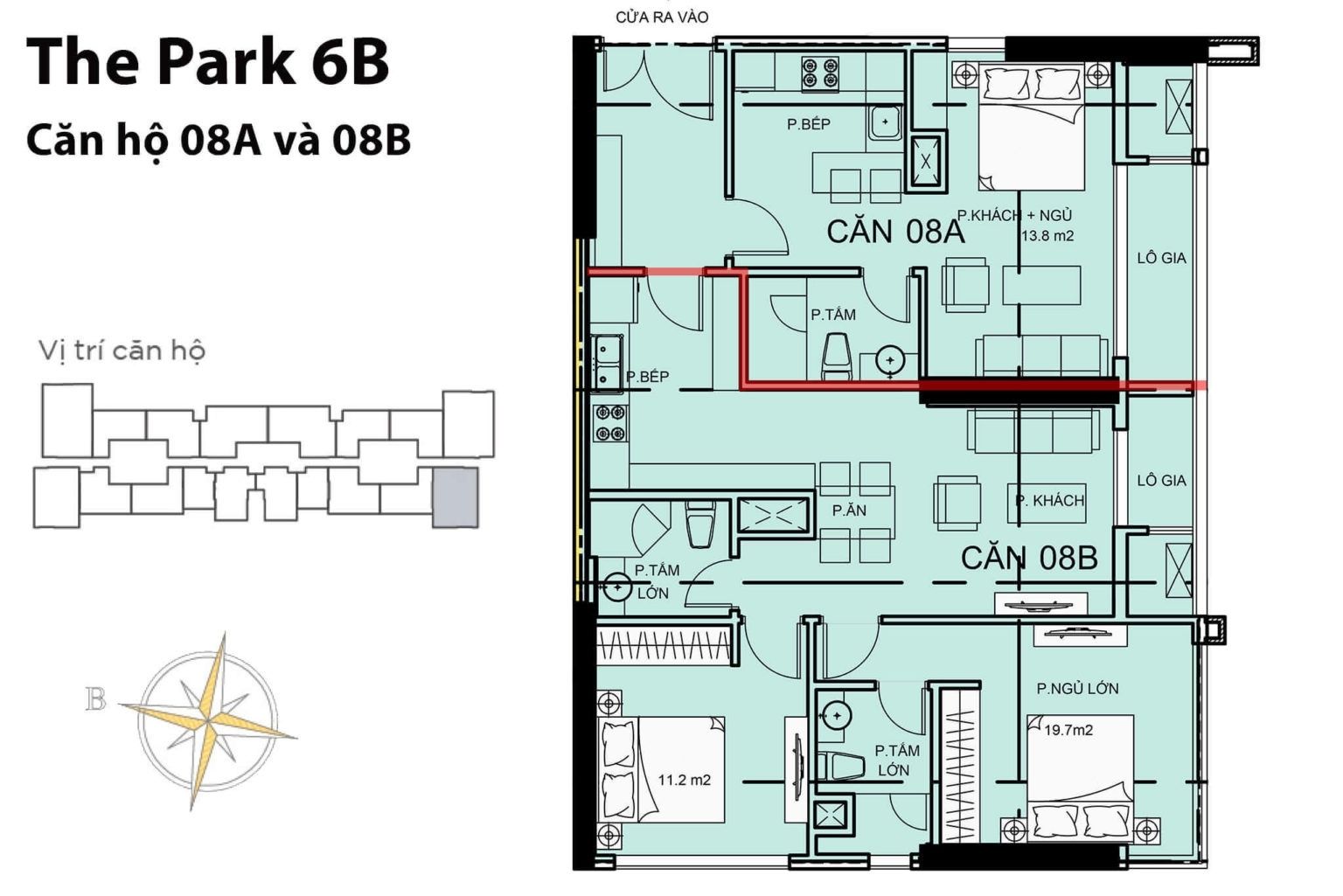 Layout căn hộ P6-B08A và P6-B08B tầng 2-22 & 24-50