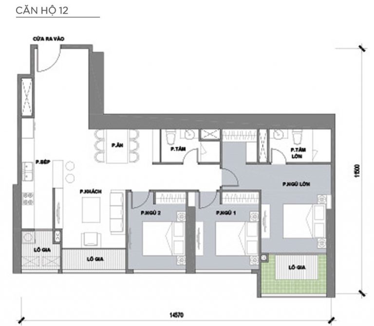 mặt bằng 3 phòng ngủ park 2 căn số 12