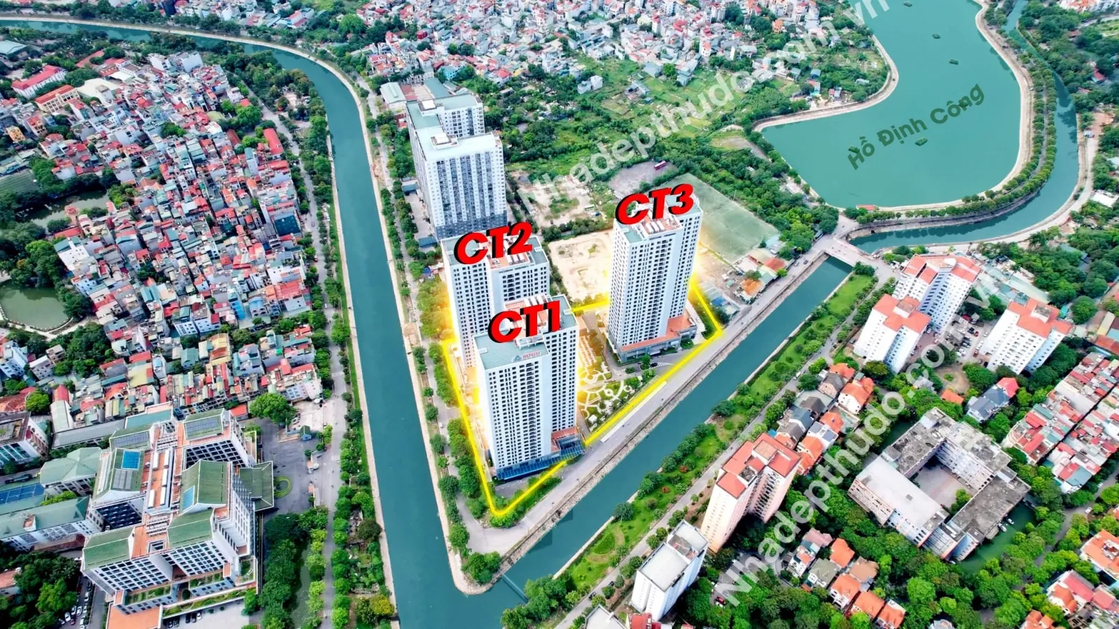 Phối cảnh tổng thể dự án chung cư X2 Đại Kim MHDI với cảnh quan xanh