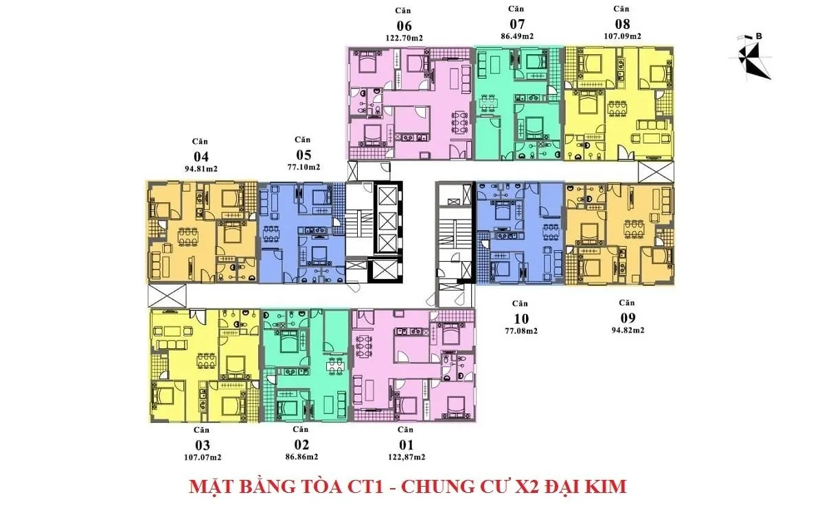 Mặt bằng tầng điển hình tòa CT1 chung cư X2 Đại Kim MHDI