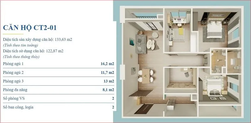 Thiết kế mặt bằng căn hộ 3 phòng ngủ + 1 đa năng 122m2 tại chung cư X2 Đại Kim