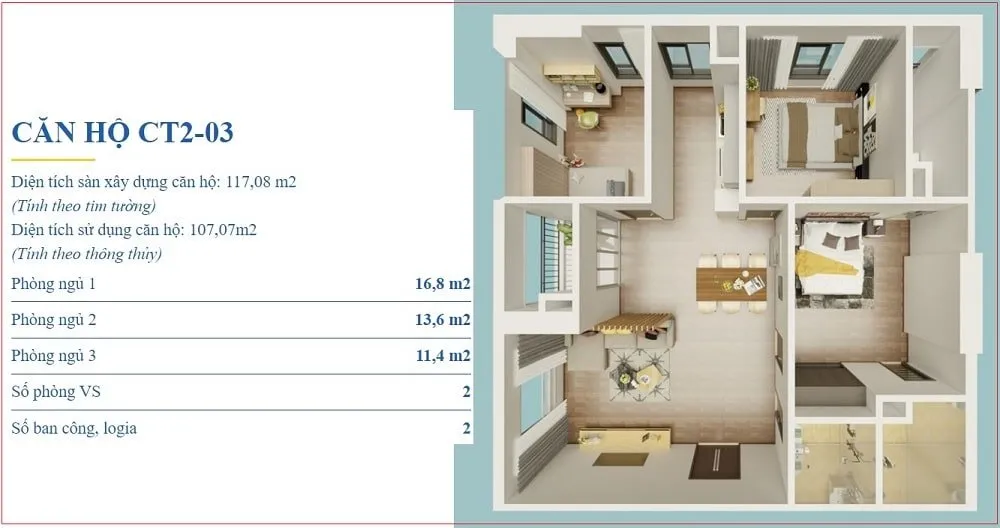 Thiết kế mặt bằng căn hộ 3 phòng ngủ 107m2 tại chung cư X2 Đại Kim
