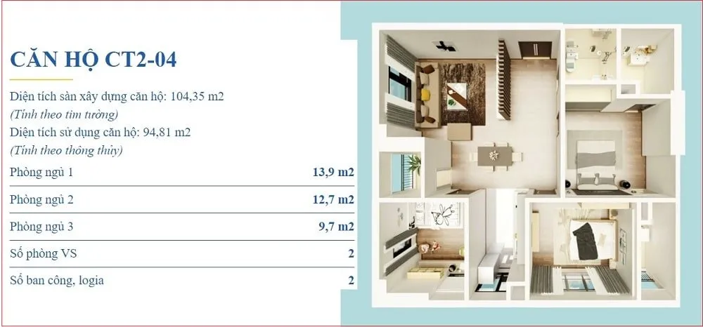 Thiết kế mặt bằng căn hộ 3 phòng ngủ 94m2 tại chung cư X2 Đại Kim
