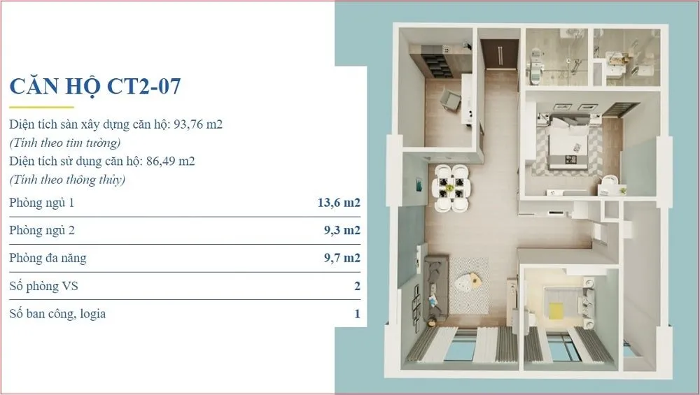 Thiết kế mặt bằng căn hộ 2 phòng ngủ 86m2 tại chung cư X2 Đại Kim