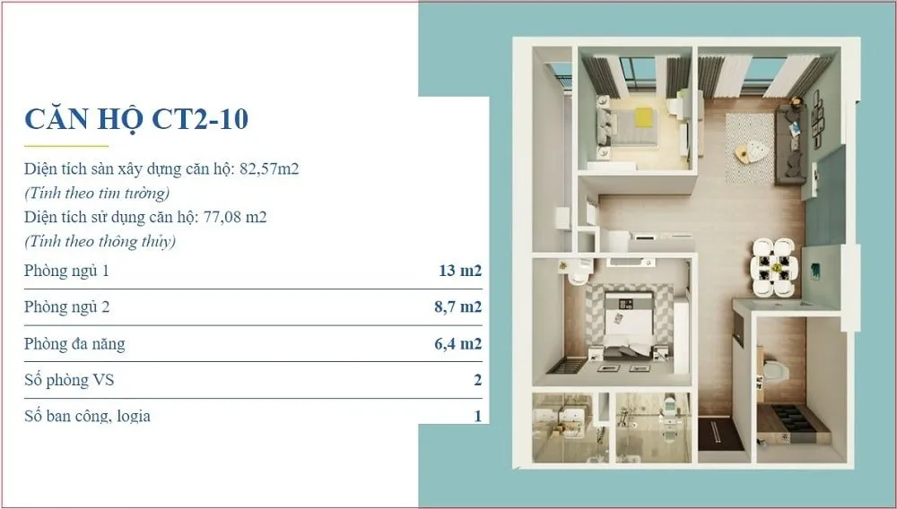 Thiết kế mặt bằng căn hộ 2 phòng ngủ 77m2 tại chung cư X2 Đại Kim