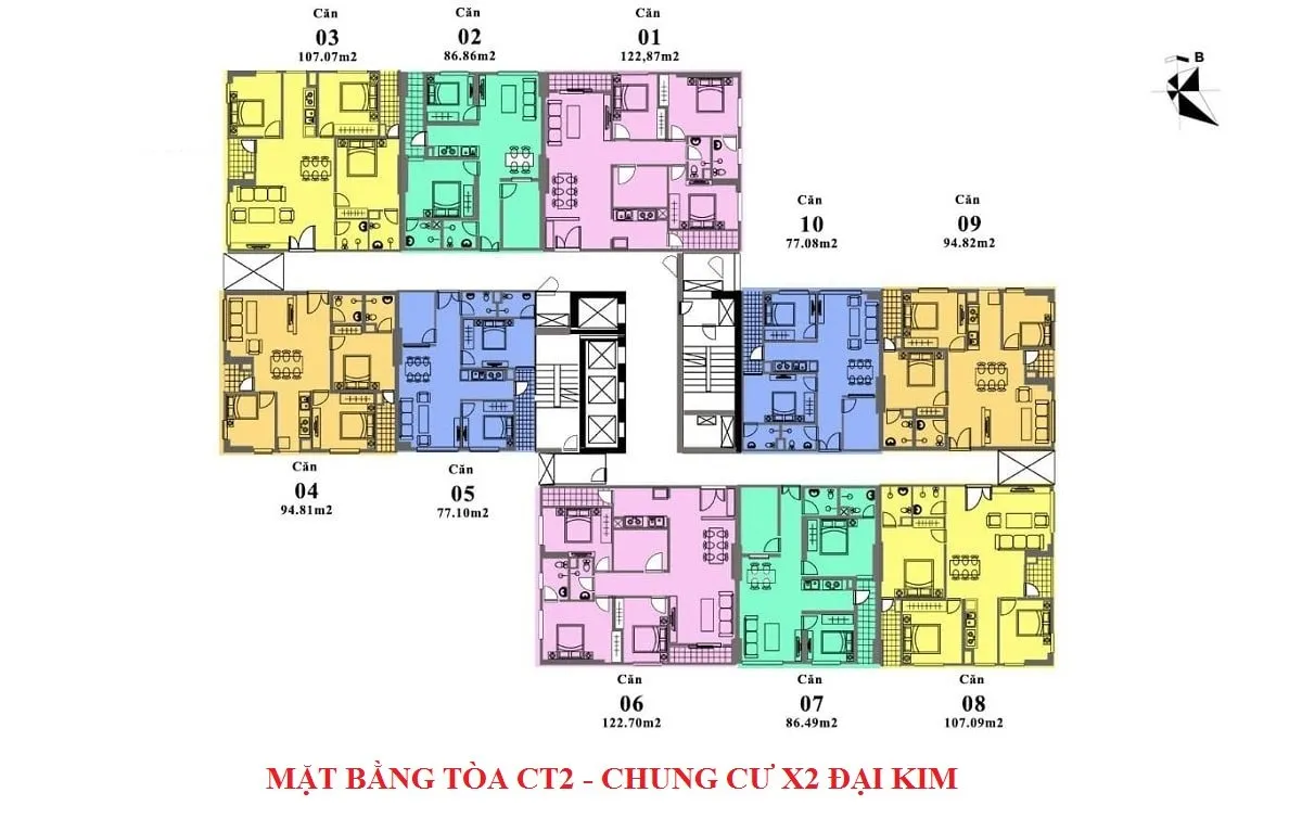 Mặt bằng tầng điển hình tòa CT2 chung cư X2 Đại Kim MHDI