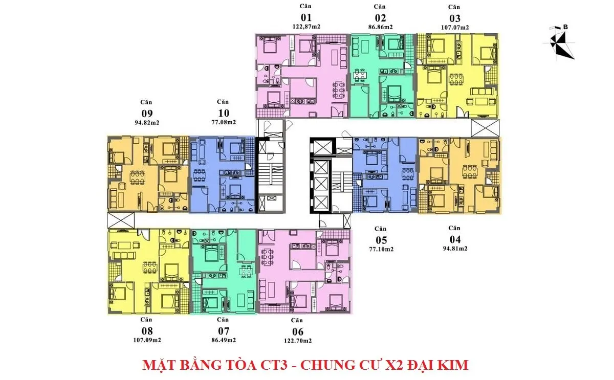 Mặt bằng tầng điển hình tòa CT3 chung cư X2 Đại Kim MHDI