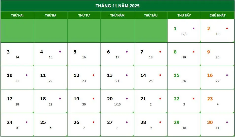 Lịch các ngày tốt trong tháng 11 năm 2025 để lên kế hoạch