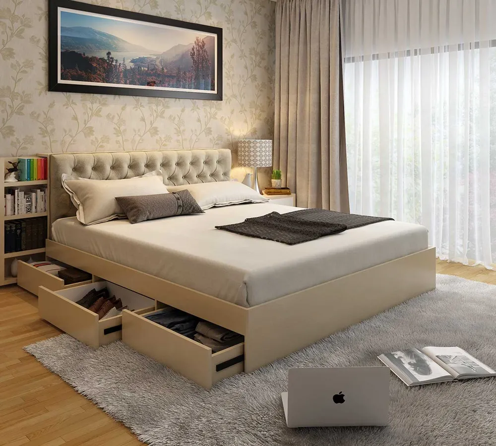 Giường ngủ thông minh với ngăn kéo tích hợp là giải pháp tối ưu không gian cho phòng ngủ 9m2 của cặp đôi