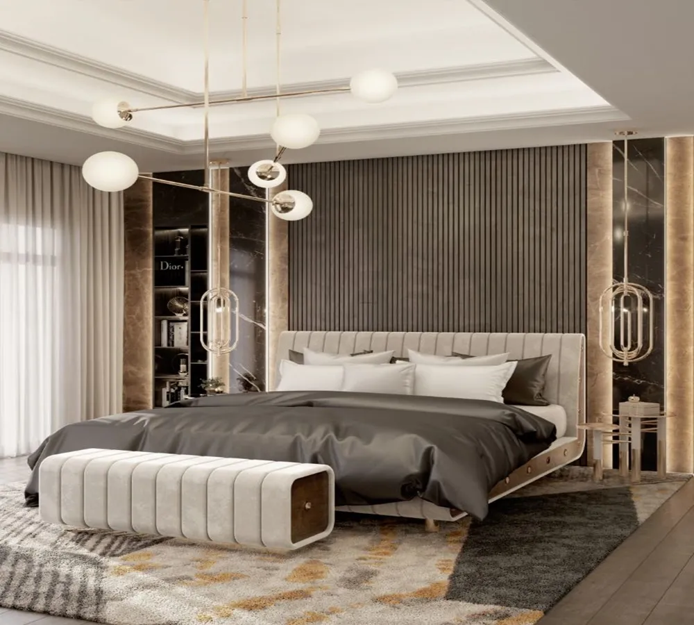 Thiết kế phòng ngủ 9m2 phong cách luxury với gam màu trắng chủ đạo và đèn ngủ độc đáo, mang đến vẻ đẹp đẳng cấp cho cặp đôi