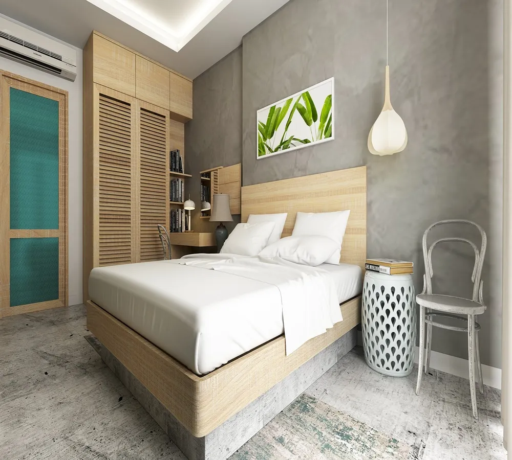 Căn phòng ngủ 9m2 ấm cúng với nội thất gỗ công nghiệp và gam màu trắng chủ đạo, mang lại cảm giác thư thái cho vợ chồng