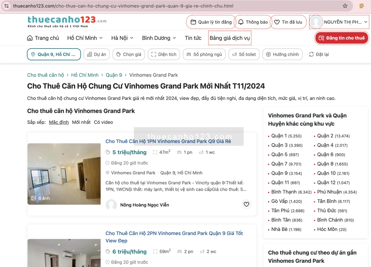 Giao diện tìm kiếm căn hộ trên nền tảng Thuecanho123.com, thân thiện và dễ sử dụng